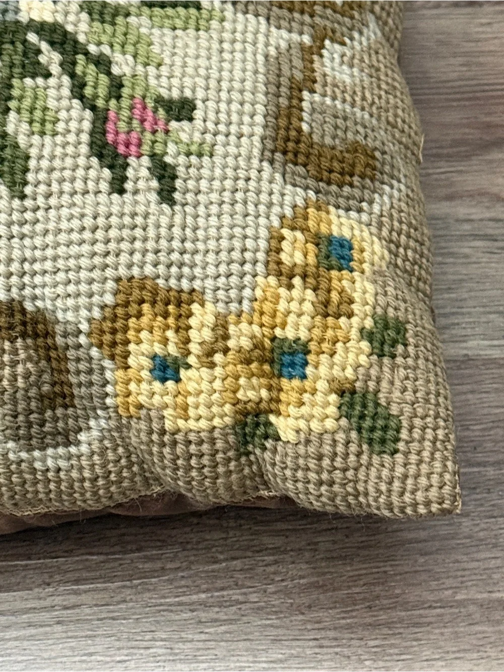 Vintage Floral Needlepoint Lumbar Throw Pillow 16x12 Roses Bouquet Cottagecore